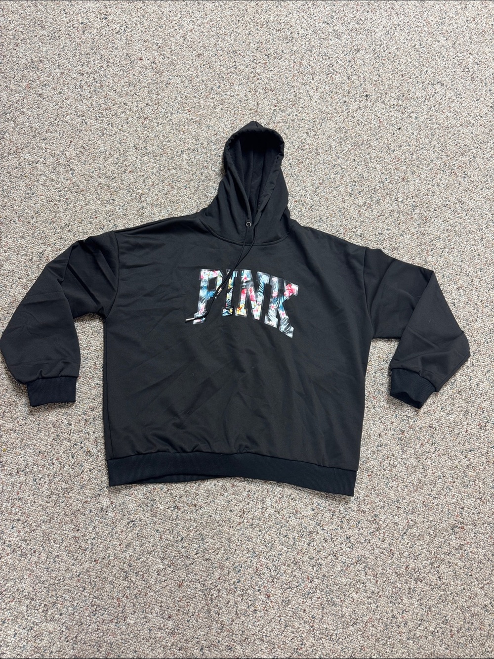 SHEIN Black Hoodie Sweater with Floral PINK Lettering